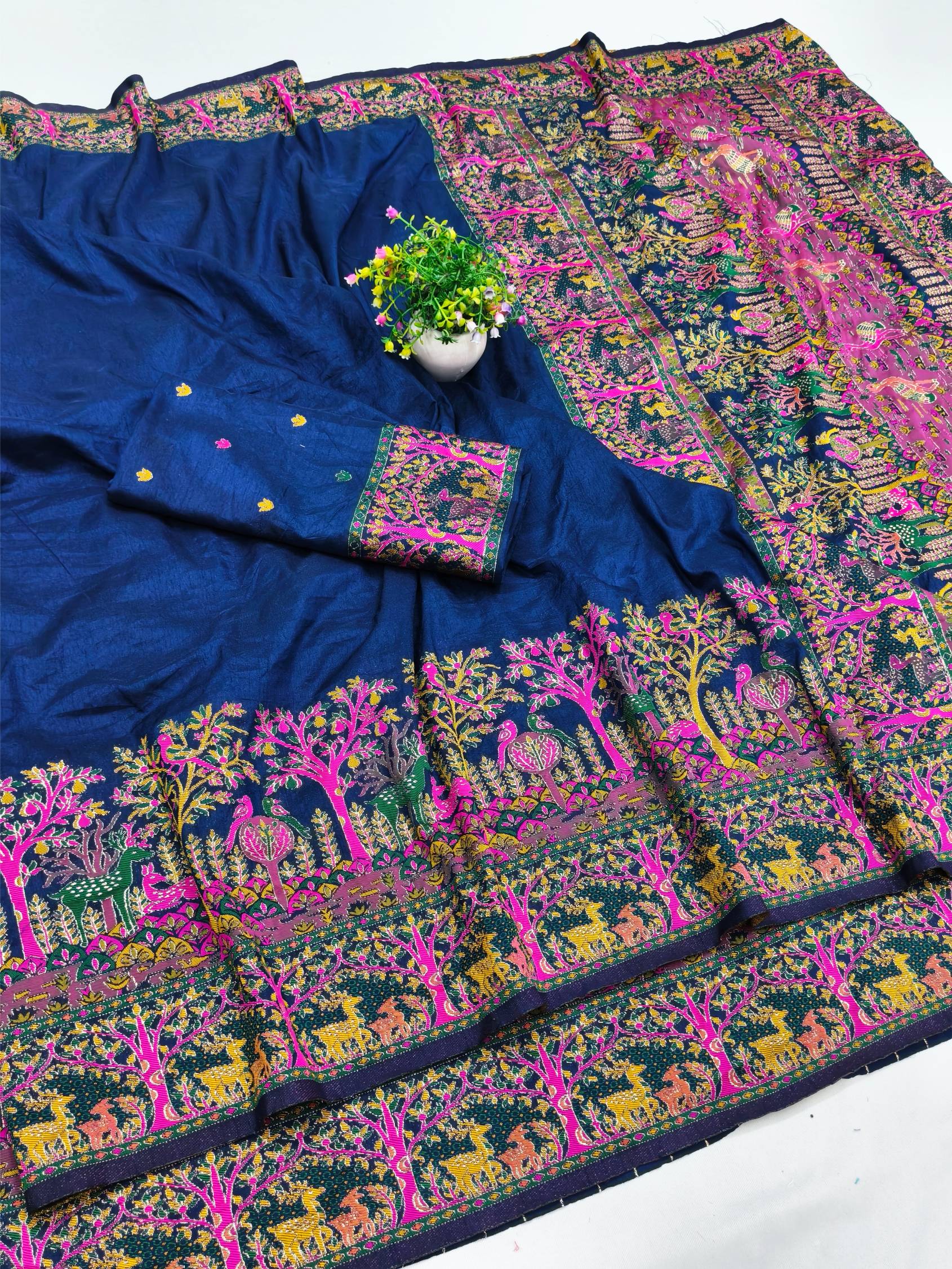 Charming Navy Blue Nylon Dola Pashmina Saree With Demesne Blouse Piece