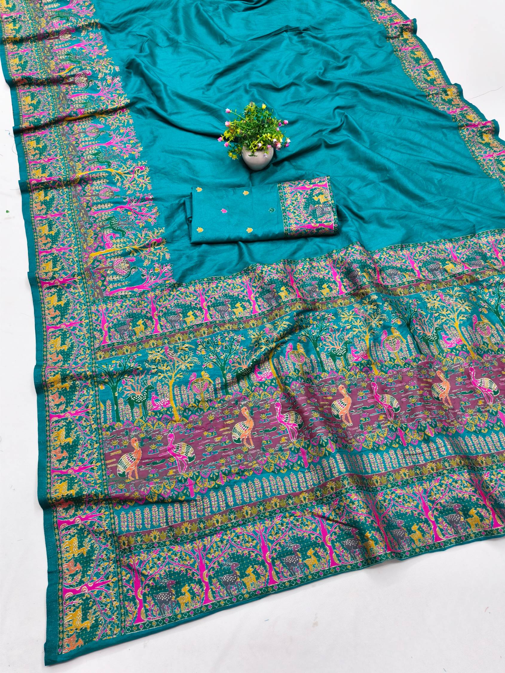 Woebegone Rama Nylon Dola Pashmina Saree With Gratifying Blouse Piece