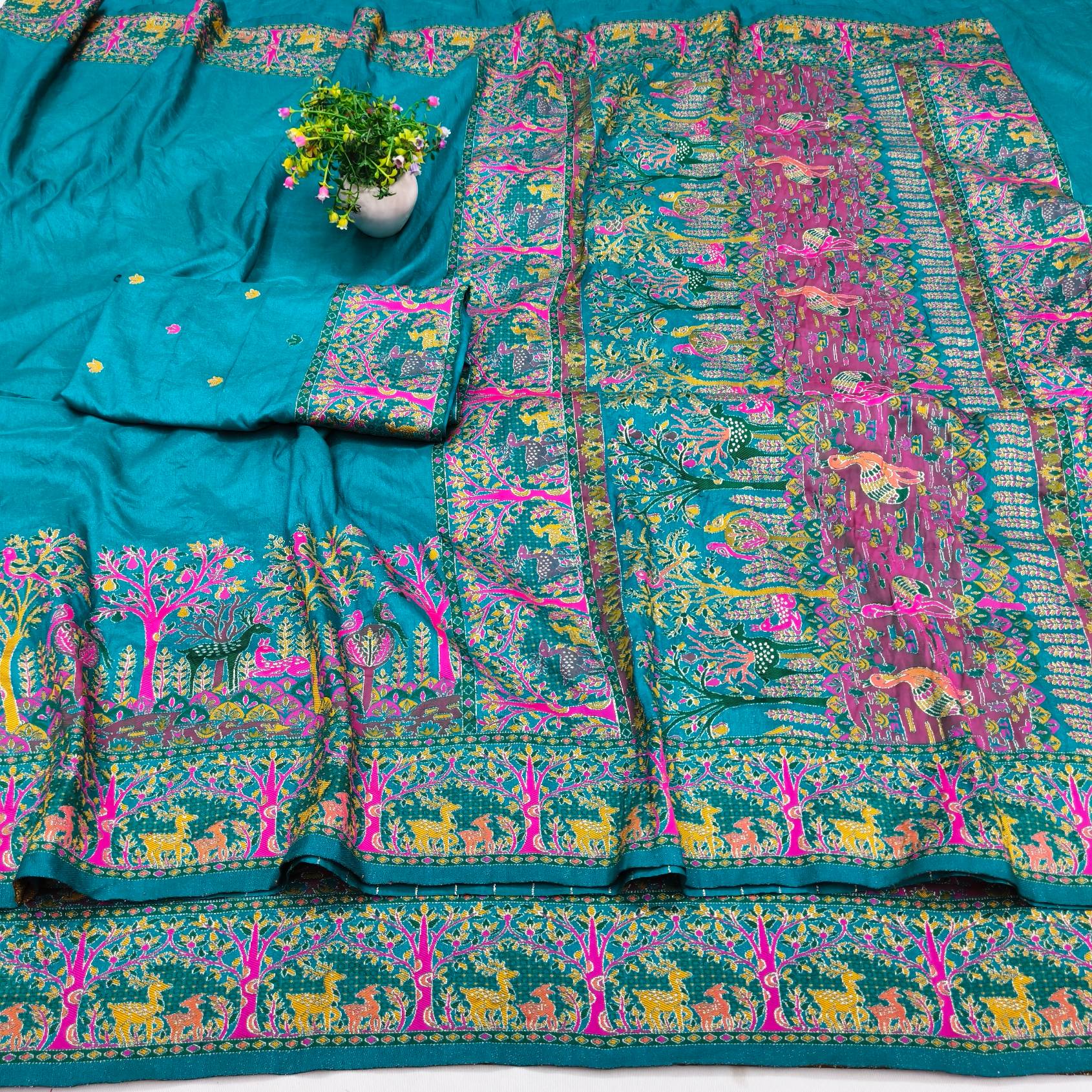 Woebegone Rama Nylon Dola Pashmina Saree With Gratifying Blouse Piece