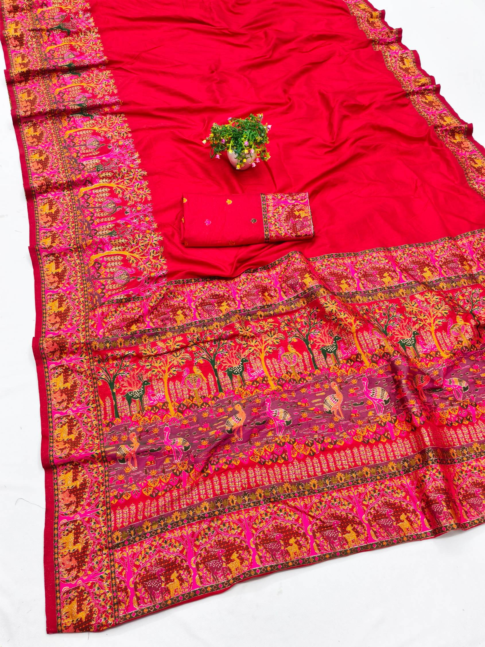 Vibrant Red Nylon Dola Pashmina Saree With Surpassing Blouse Piece