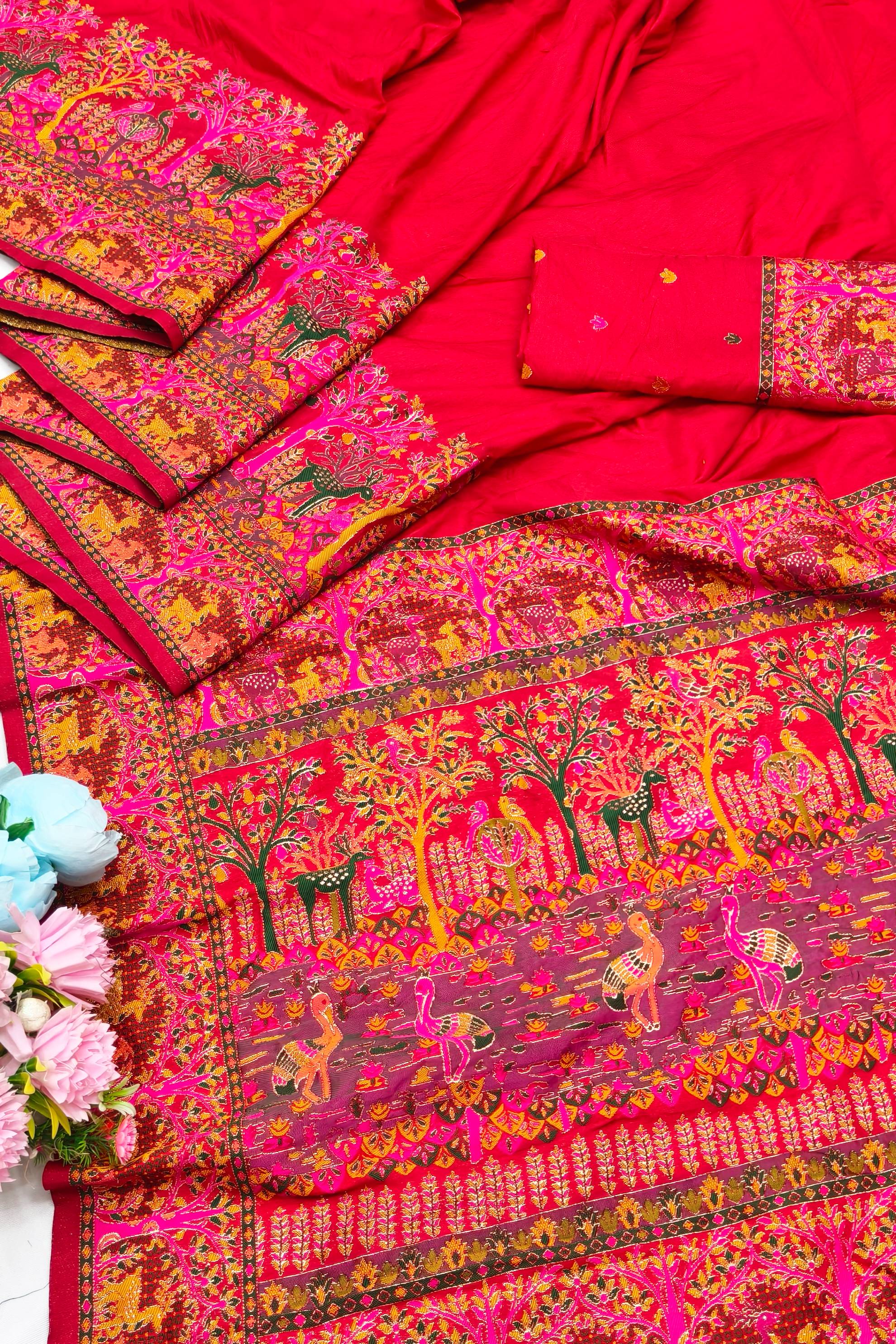 Vibrant Red Nylon Dola Pashmina Saree With Surpassing Blouse Piece