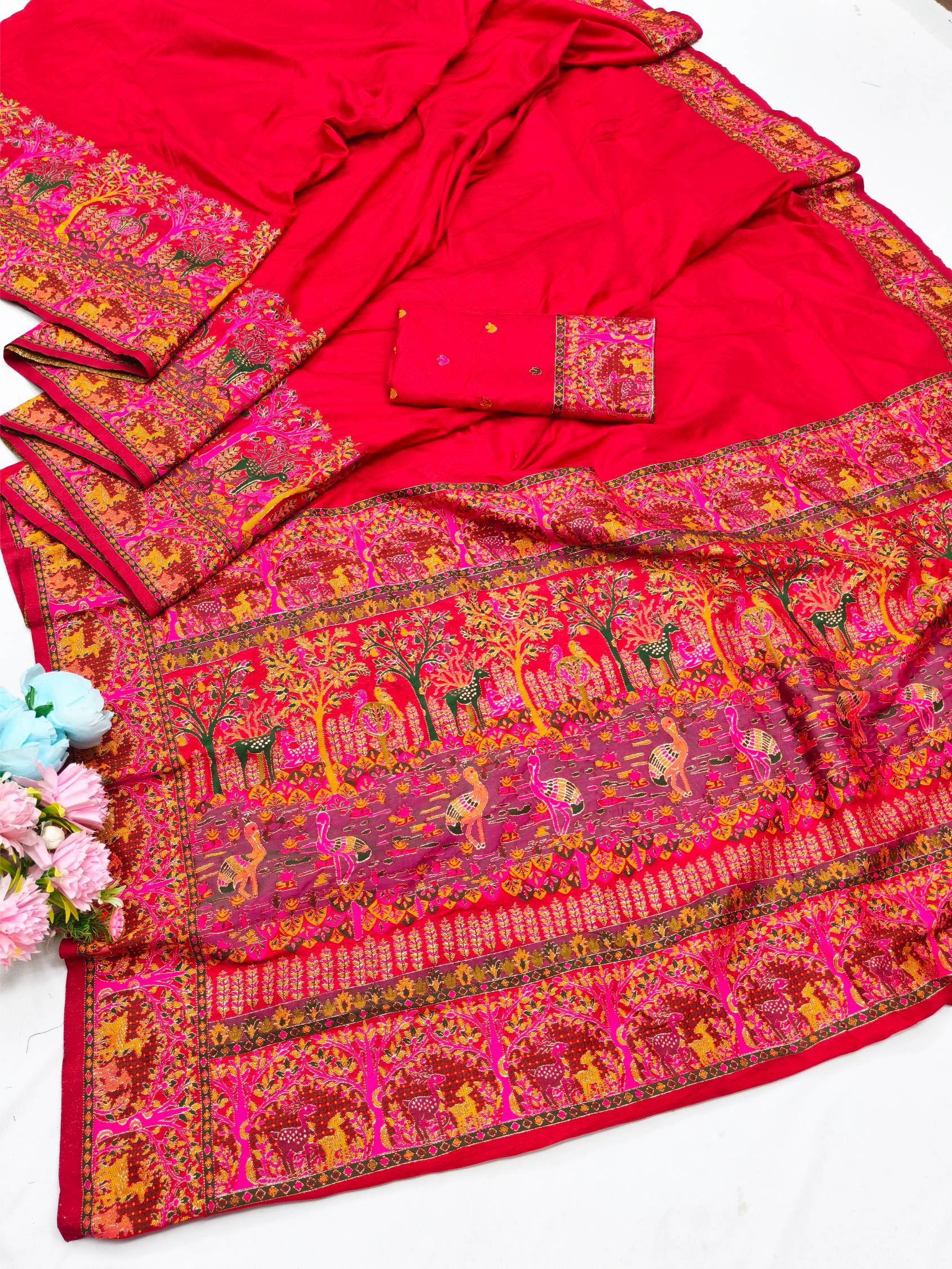 Vibrant Red Nylon Dola Pashmina Saree With Surpassing Blouse Piece