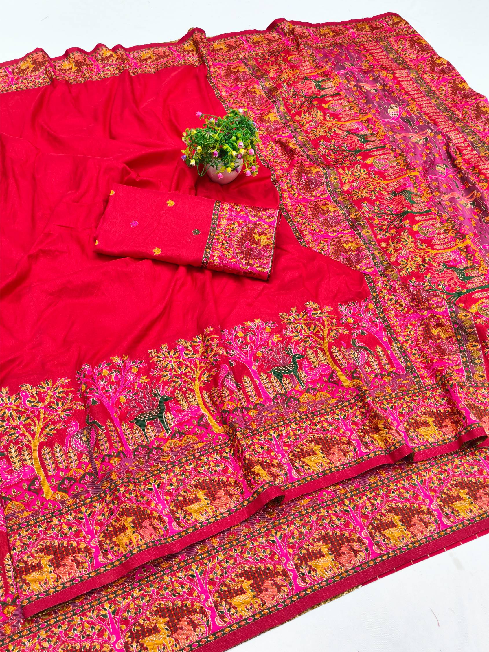 Vibrant Red Nylon Dola Pashmina Saree With Surpassing Blouse Piece