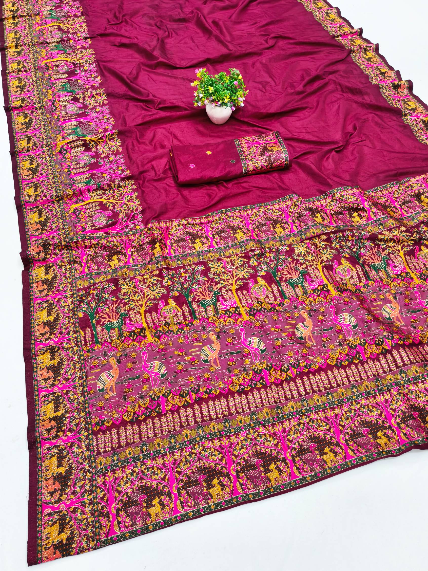 Smashing Wine Nylon Dola Pashmina Saree With Susurrous Blouse Piece