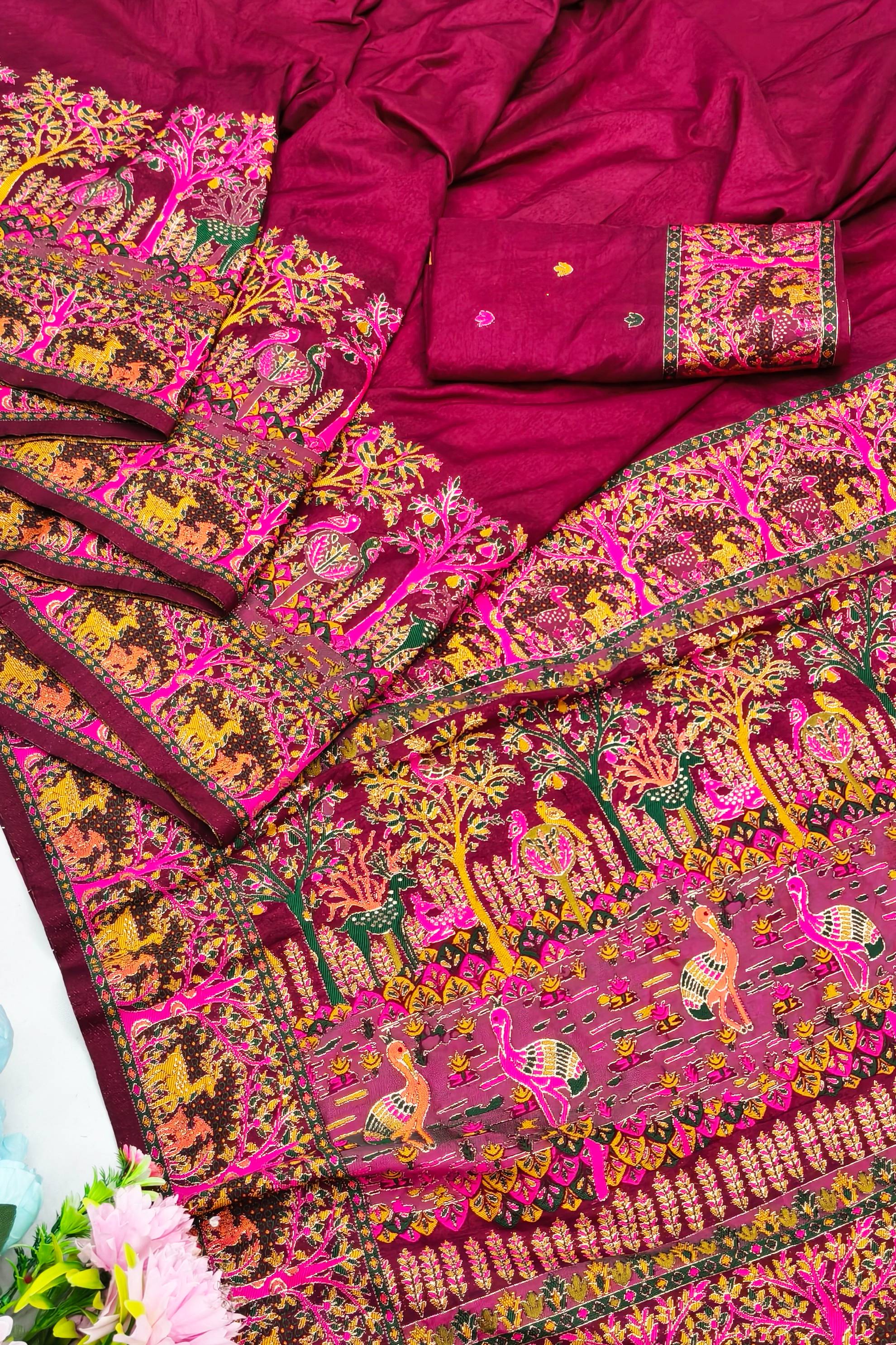 Smashing Wine Nylon Dola Pashmina Saree With Susurrous Blouse Piece