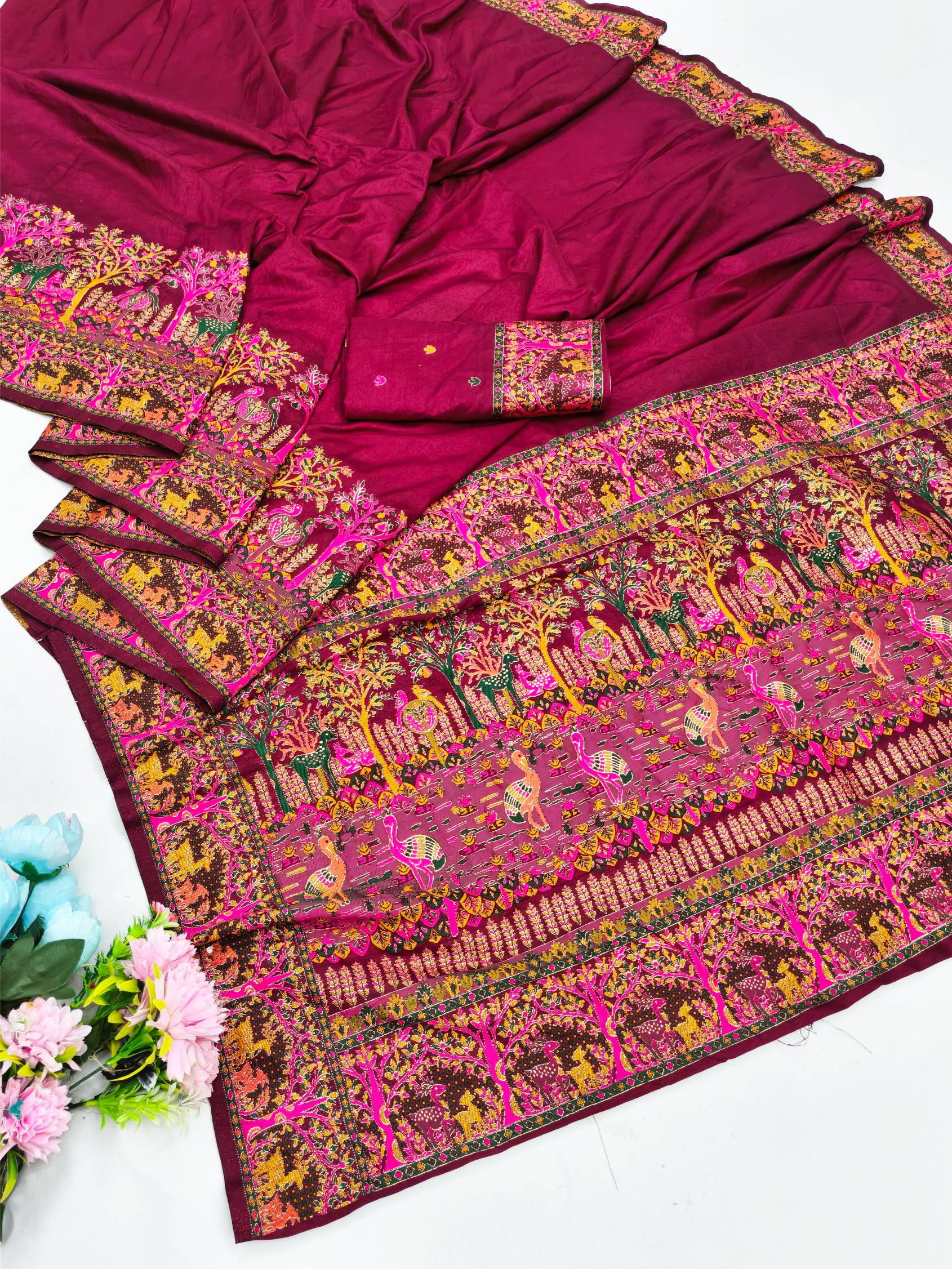 Smashing Wine Nylon Dola Pashmina Saree With Susurrous Blouse Piece