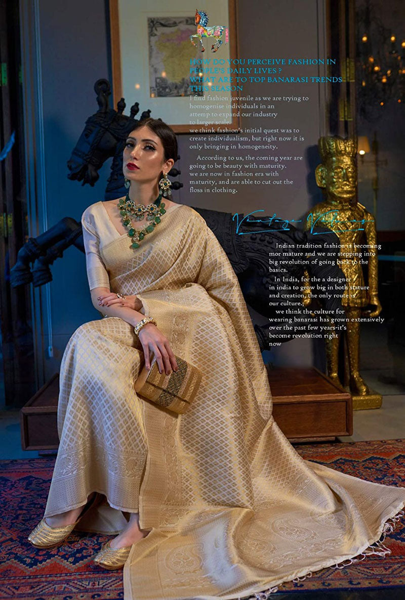 Phenomenal Beige Kanjivaram Silk Saree With Demure Blouse Piece