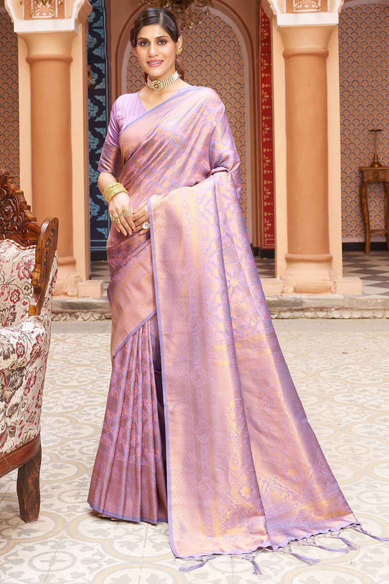 Ephemeral Lavender Kanjivaram Silk Saree With Incredible Blouse Piece