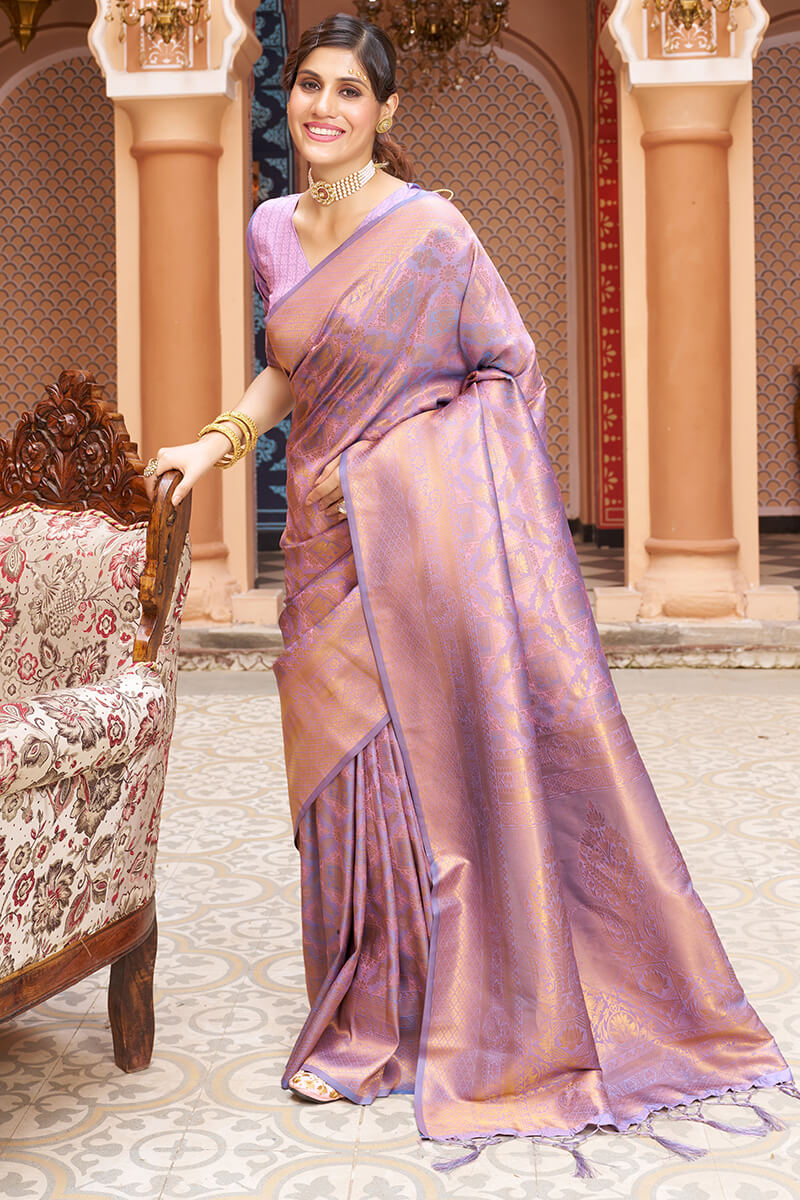 Ephemeral Lavender Kanjivaram Silk Saree With Incredible Blouse Piece