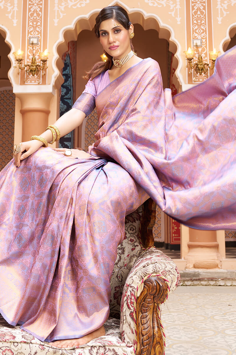 Ephemeral Lavender Kanjivaram Silk Saree With Incredible Blouse Piece