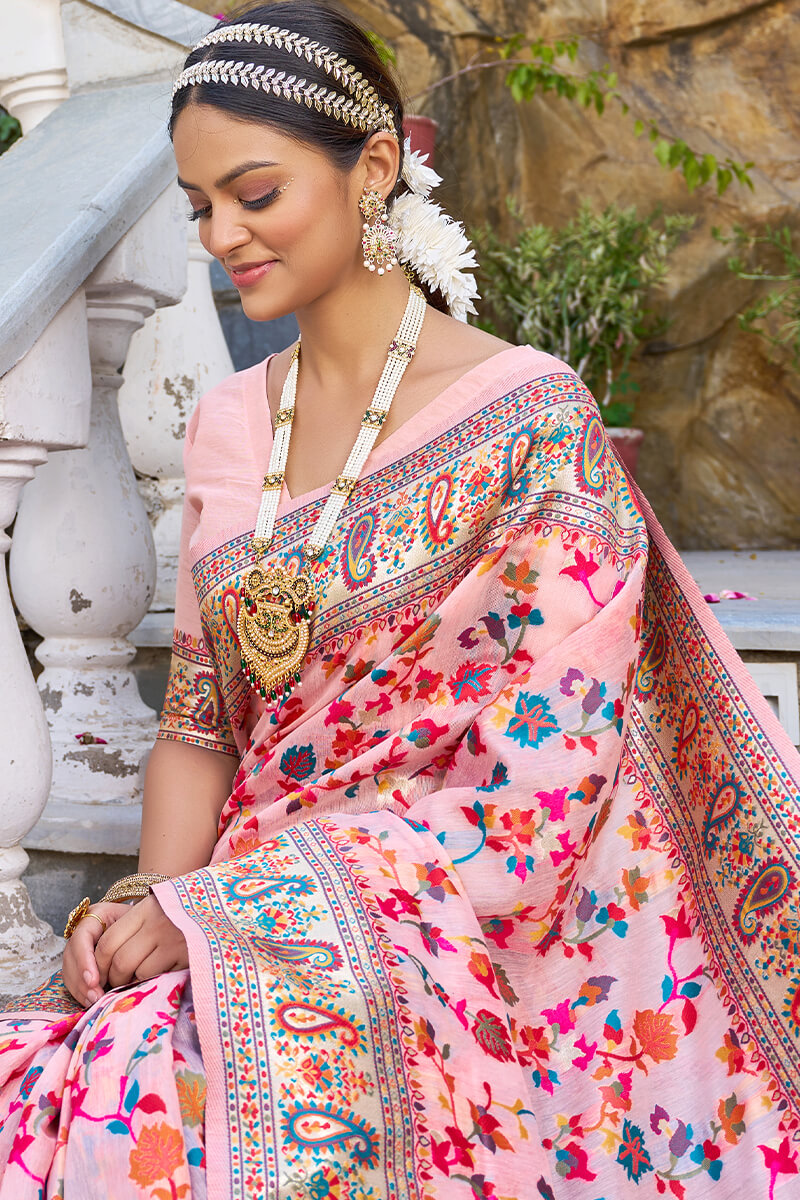 Cynosure Baby Pink Pashmina saree With Lissome Blouse Piece