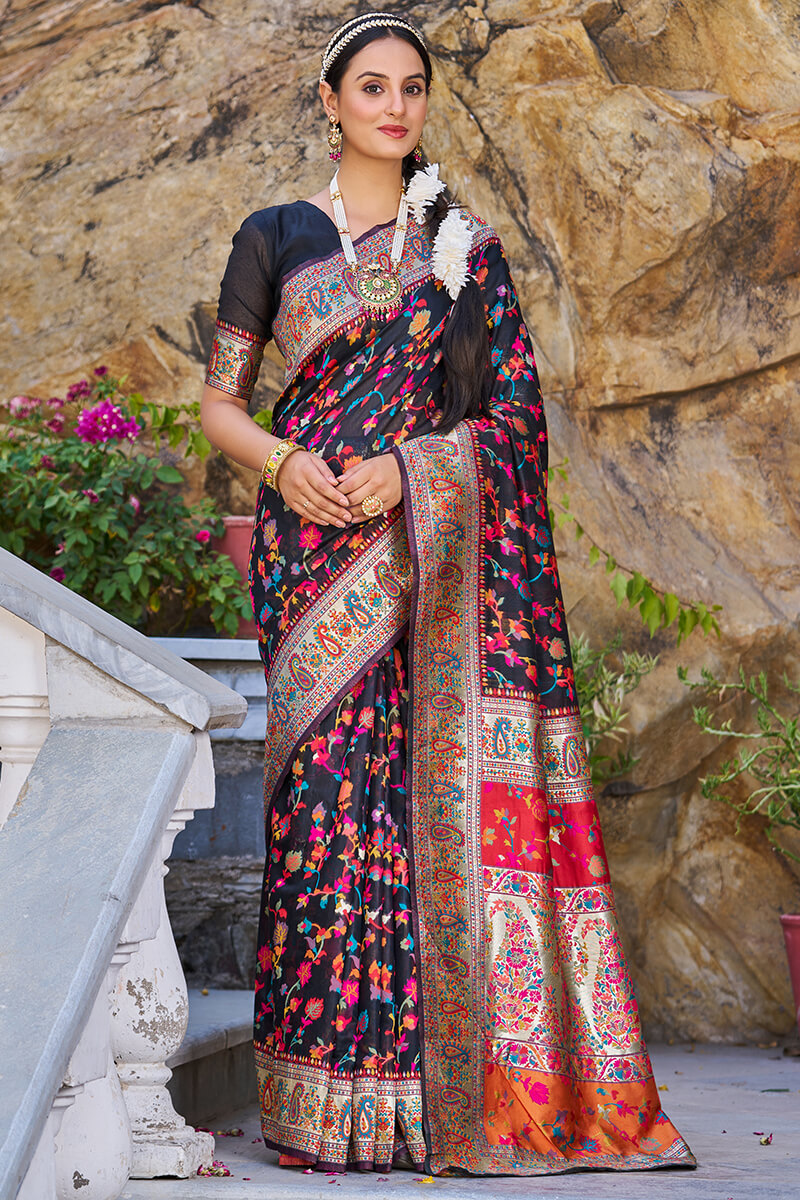 Dulcet Black Pashmina saree With Scrumptious Blouse Piece