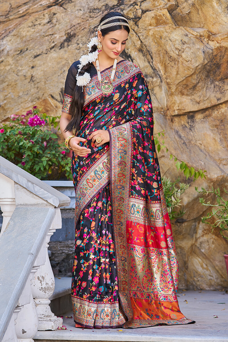 Dulcet Black Pashmina saree With Scrumptious Blouse Piece