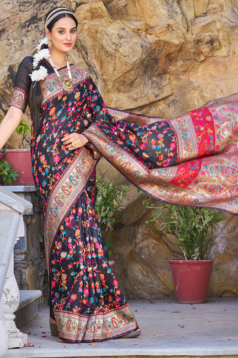 Dulcet Black Pashmina saree With Scrumptious Blouse Piece
