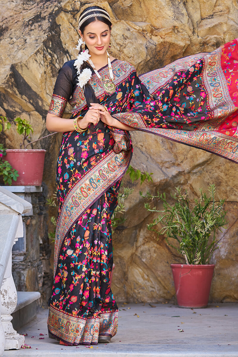 Dulcet Black Pashmina saree With Scrumptious Blouse Piece