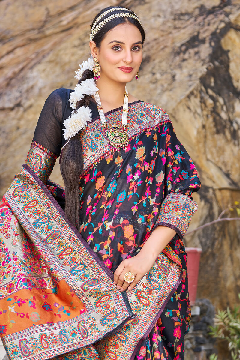 Dulcet Black Pashmina saree With Scrumptious Blouse Piece