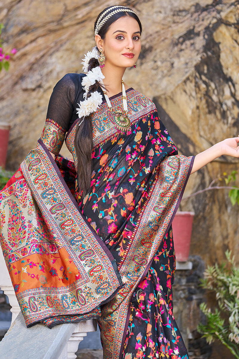 Dulcet Black Pashmina saree With Scrumptious Blouse Piece