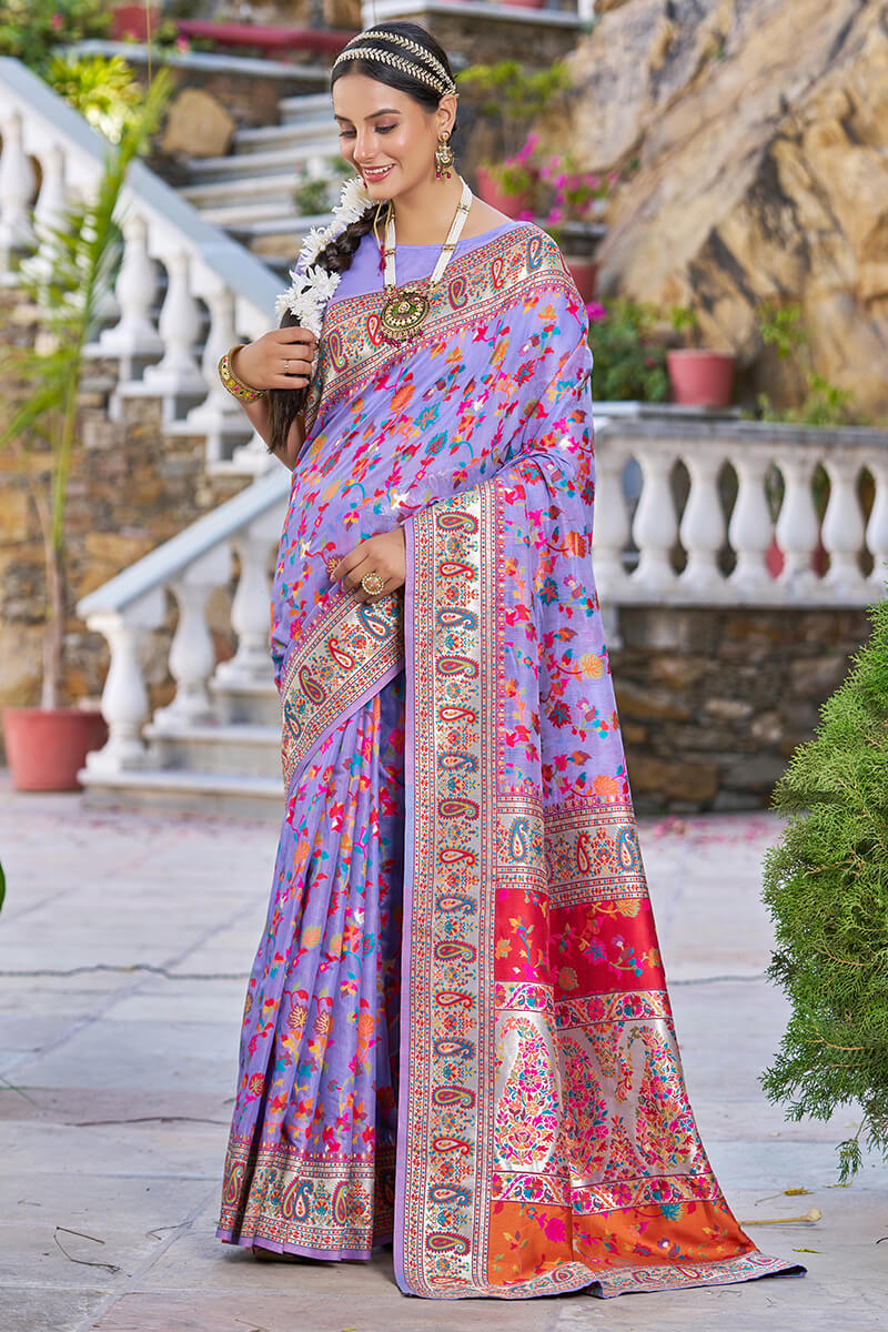 Embellished Lavender Pashmina saree With Amiable Blouse Piece