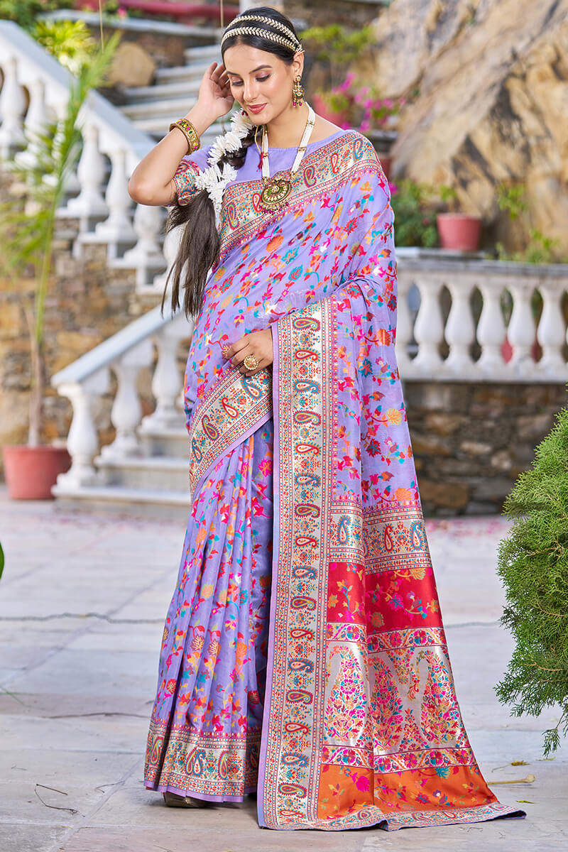 Embellished Lavender Pashmina saree With Amiable Blouse Piece