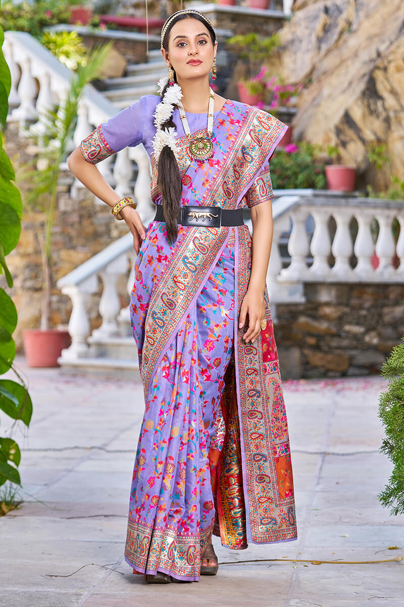 Embellished Lavender Pashmina saree With Amiable Blouse Piece