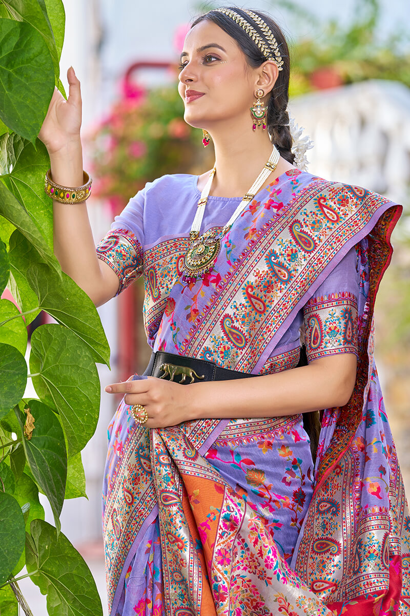Embellished Lavender Pashmina saree With Amiable Blouse Piece