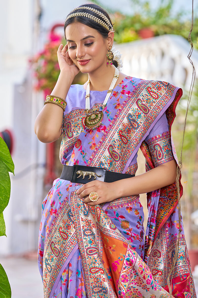 Embellished Lavender Pashmina saree With Amiable Blouse Piece