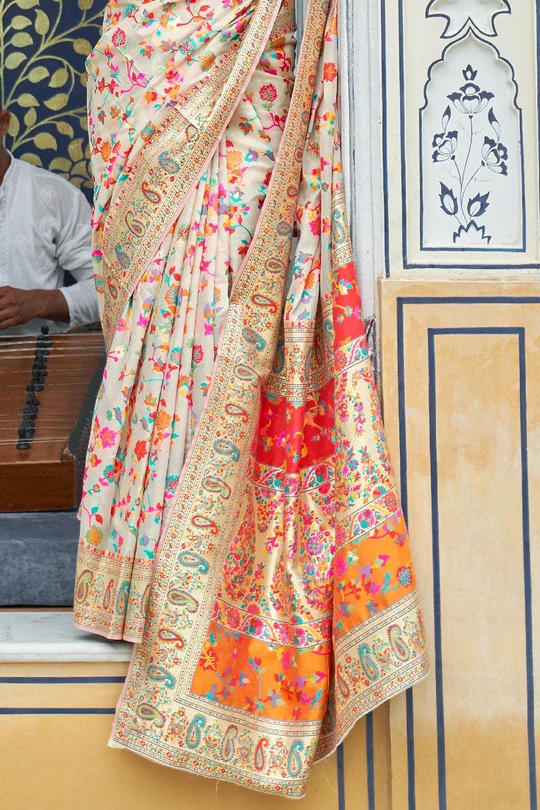 Adorable Beige Pashmina saree With Panoply Blouse Piece