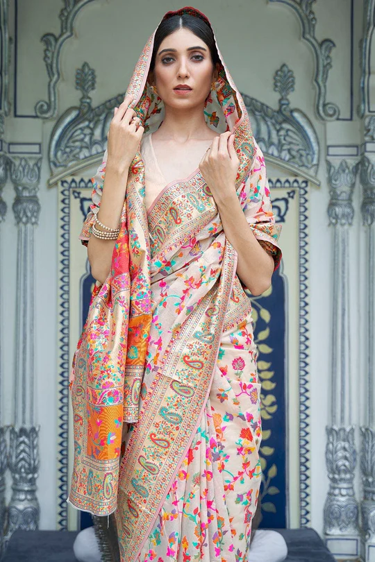 Adorable Beige Pashmina saree With Panoply Blouse Piece