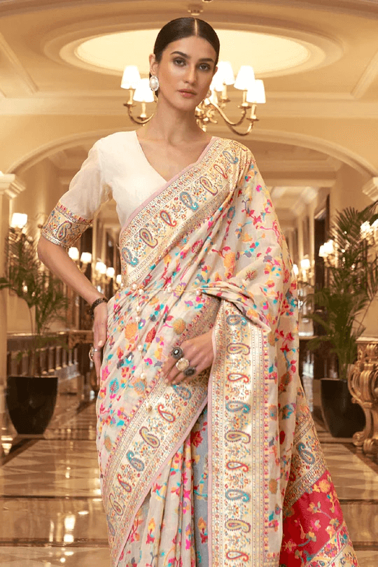 Skinny Beige Pashmina saree With Panoply Blouse Piece