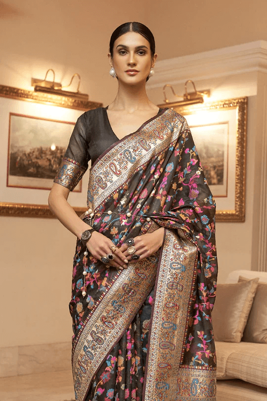 Capricious Black Pashmina saree With Desultory Blouse Piece