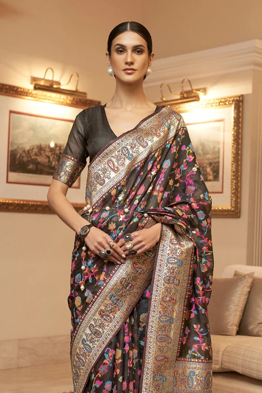 Quixotic Black Pashmina saree With Transcendent Blouse Piece