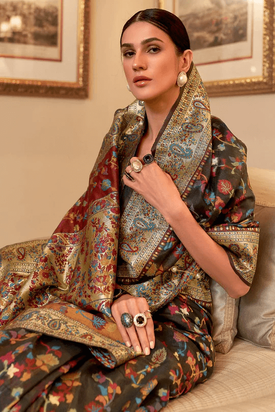 Capricious Black Pashmina saree With Desultory Blouse Piece