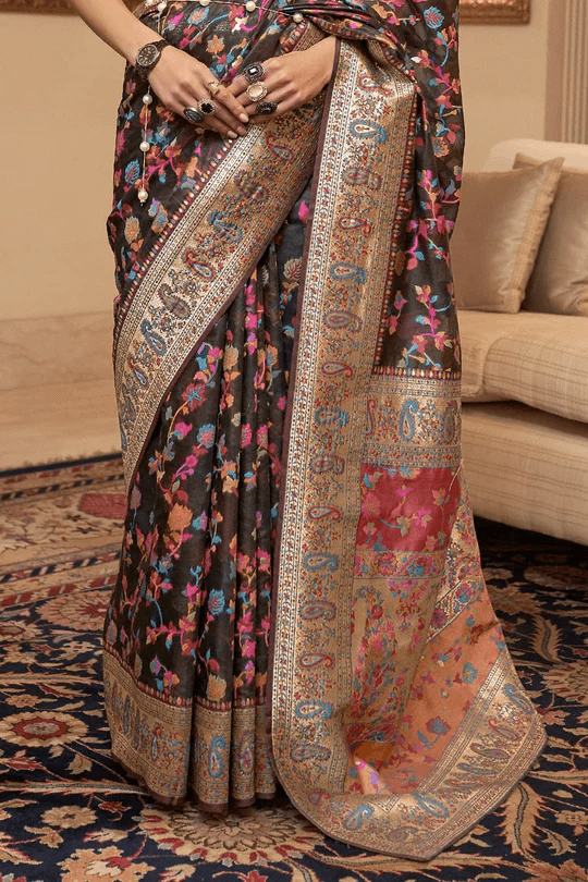 Capricious Black Pashmina saree With Desultory Blouse Piece