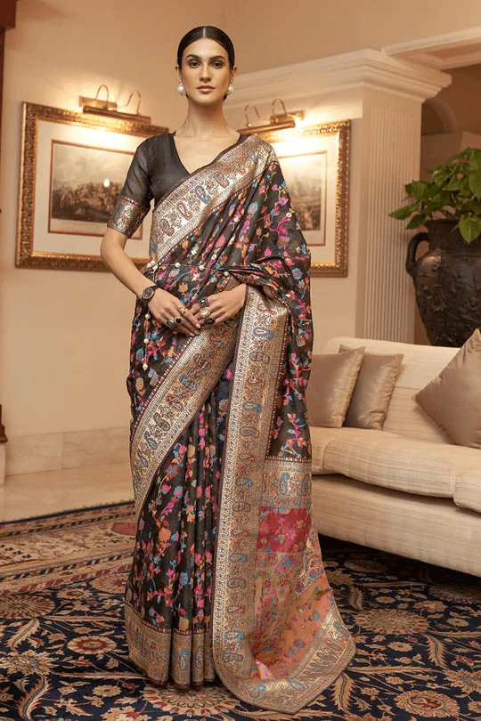 Capricious Black Pashmina saree With Desultory Blouse Piece