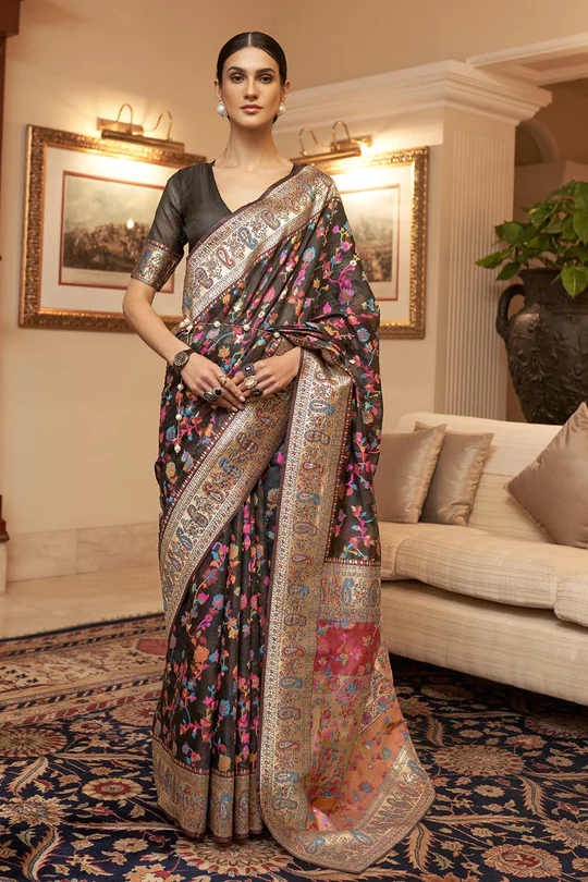 Quixotic Black Pashmina saree With Transcendent Blouse Piece