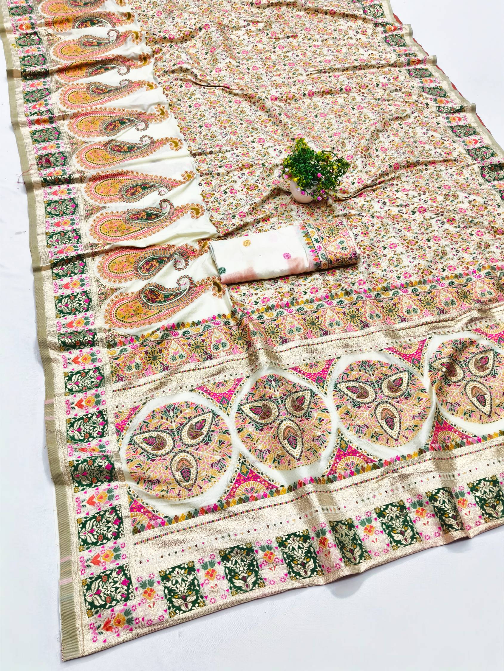 Ravishing Beige Nylon Dola Pashmina Saree With Ebullience Blouse Piece
