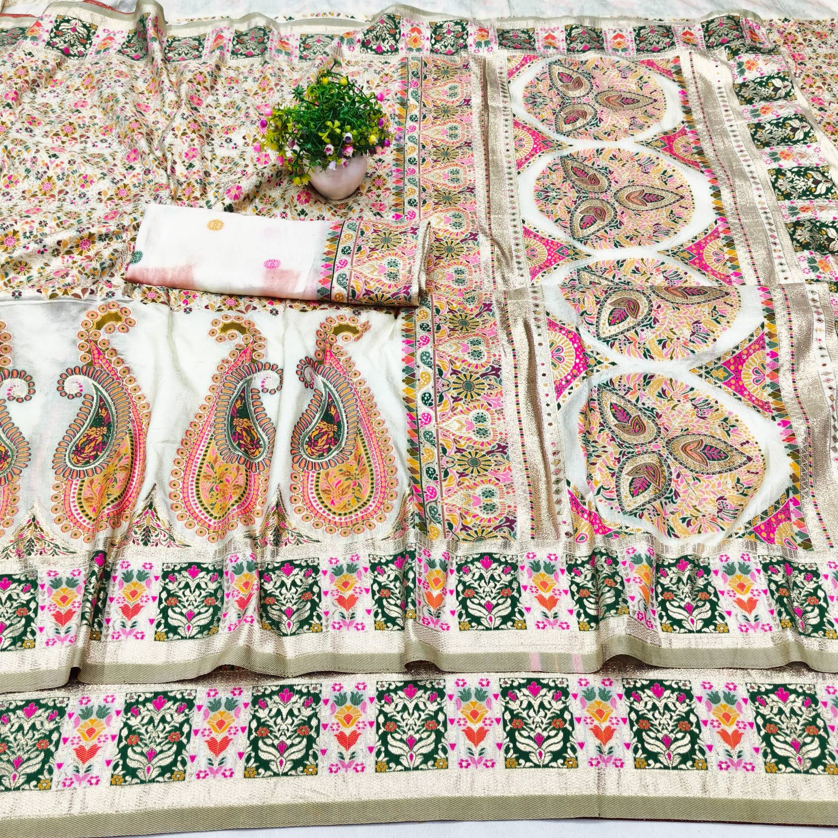 Ravishing Beige Nylon Dola Pashmina Saree With Ebullience Blouse Piece