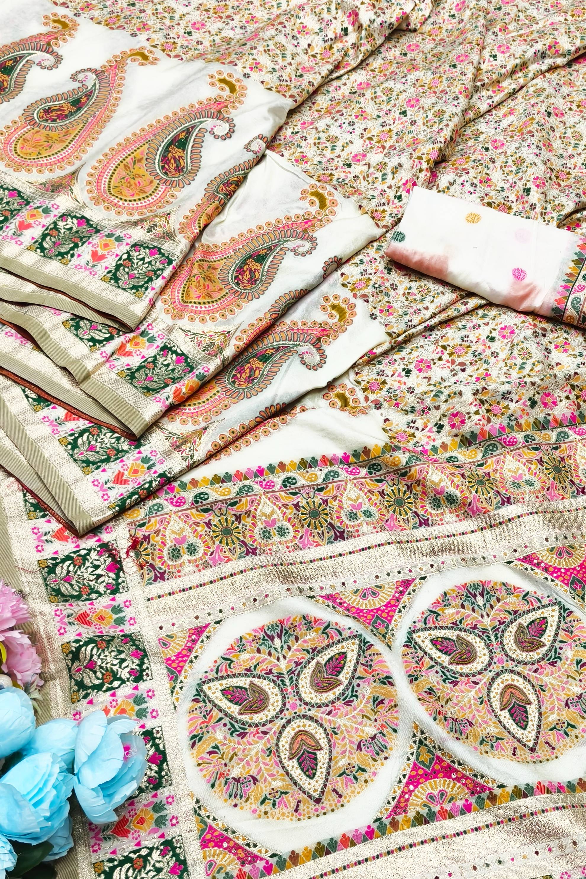 Ravishing Beige Nylon Dola Pashmina Saree With Ebullience Blouse Piece