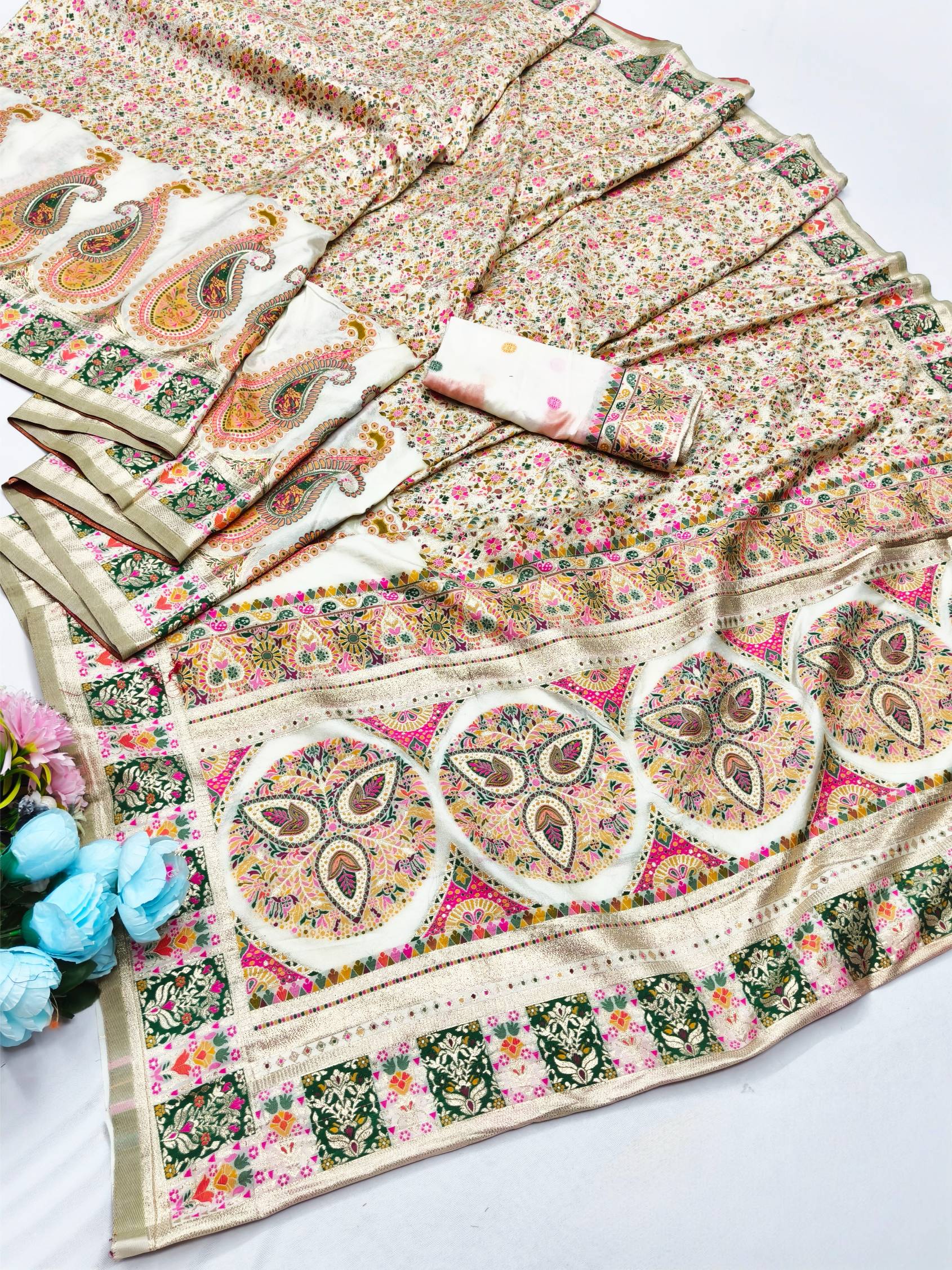 Ravishing Beige Nylon Dola Pashmina Saree With Ebullience Blouse Piece