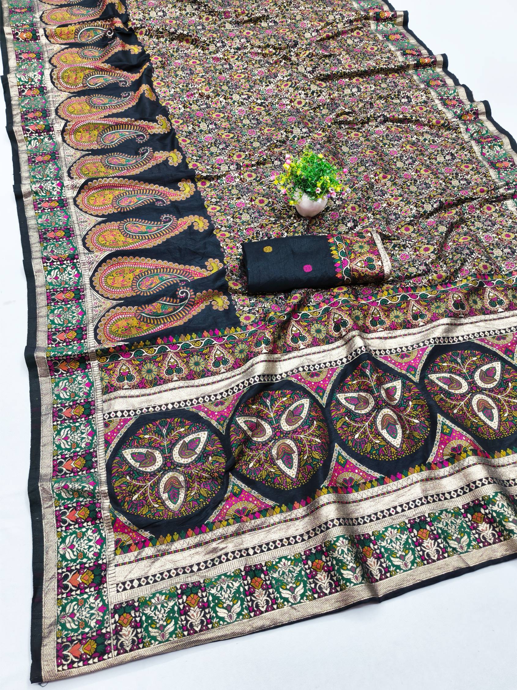 Denouement Black Nylon Dola Pashmina Saree With Cynosure Blouse Piece