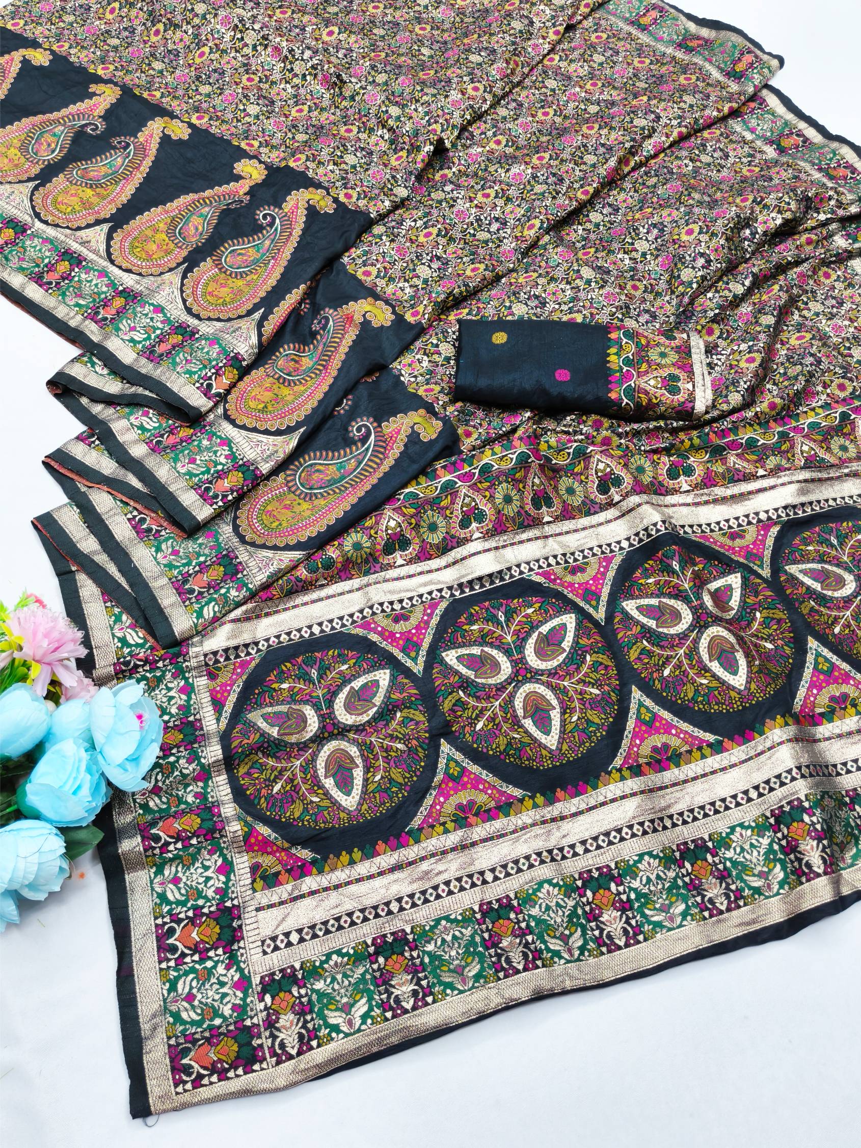 Denouement Black Nylon Dola Pashmina Saree With Cynosure Blouse Piece