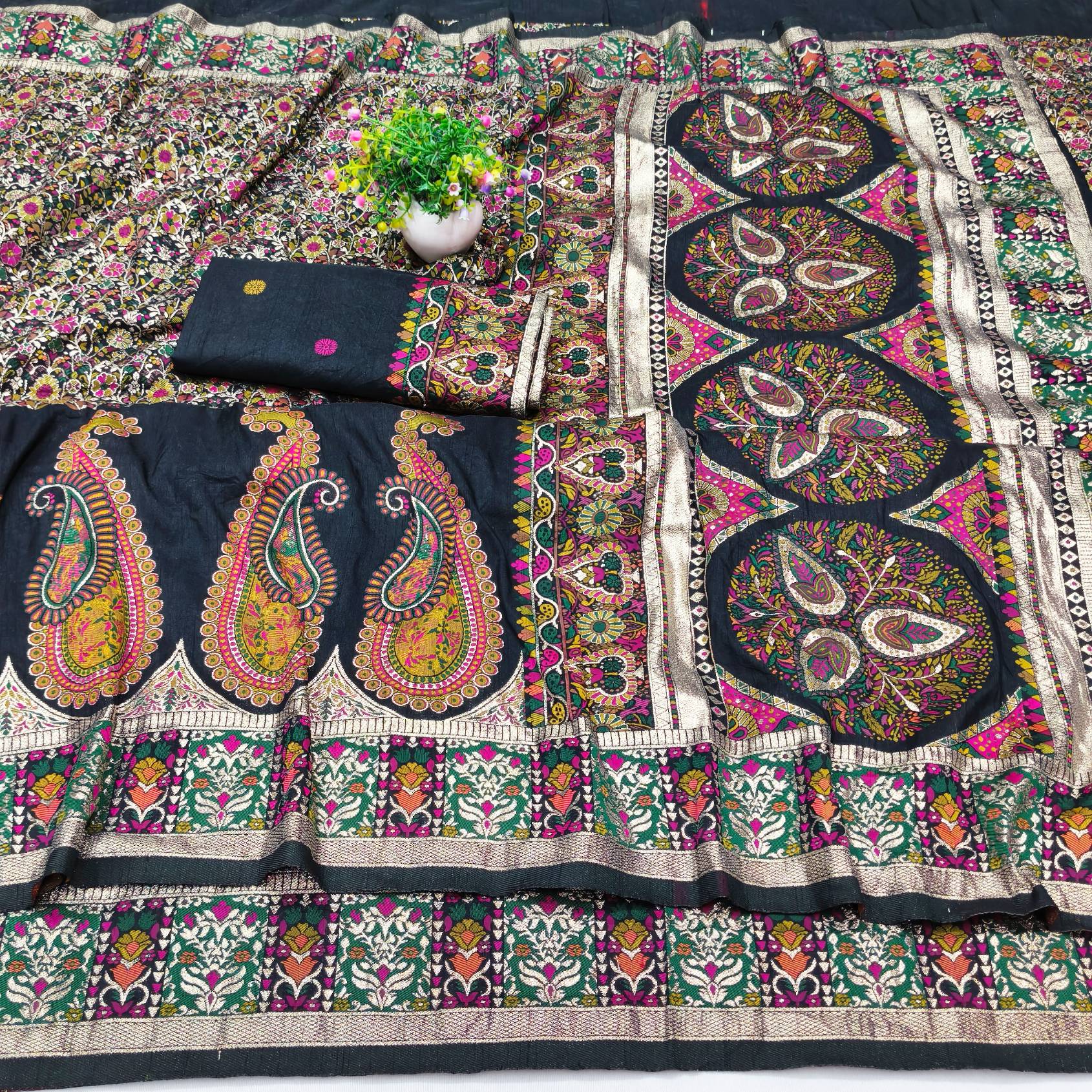 Denouement Black Nylon Dola Pashmina Saree With Cynosure Blouse Piece