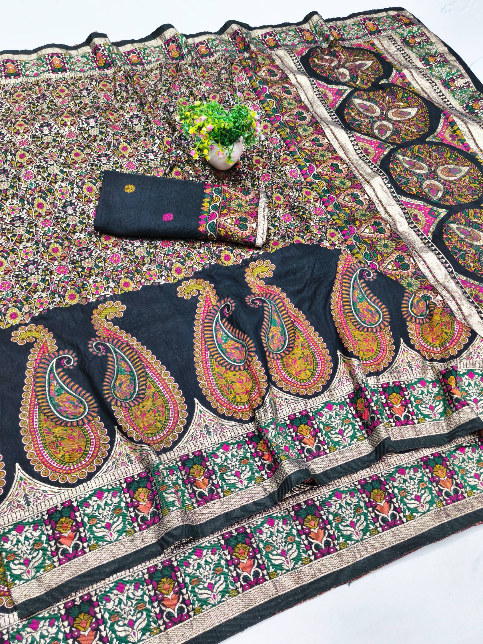 Denouement Black Nylon Dola Pashmina Saree With Cynosure Blouse Piece
