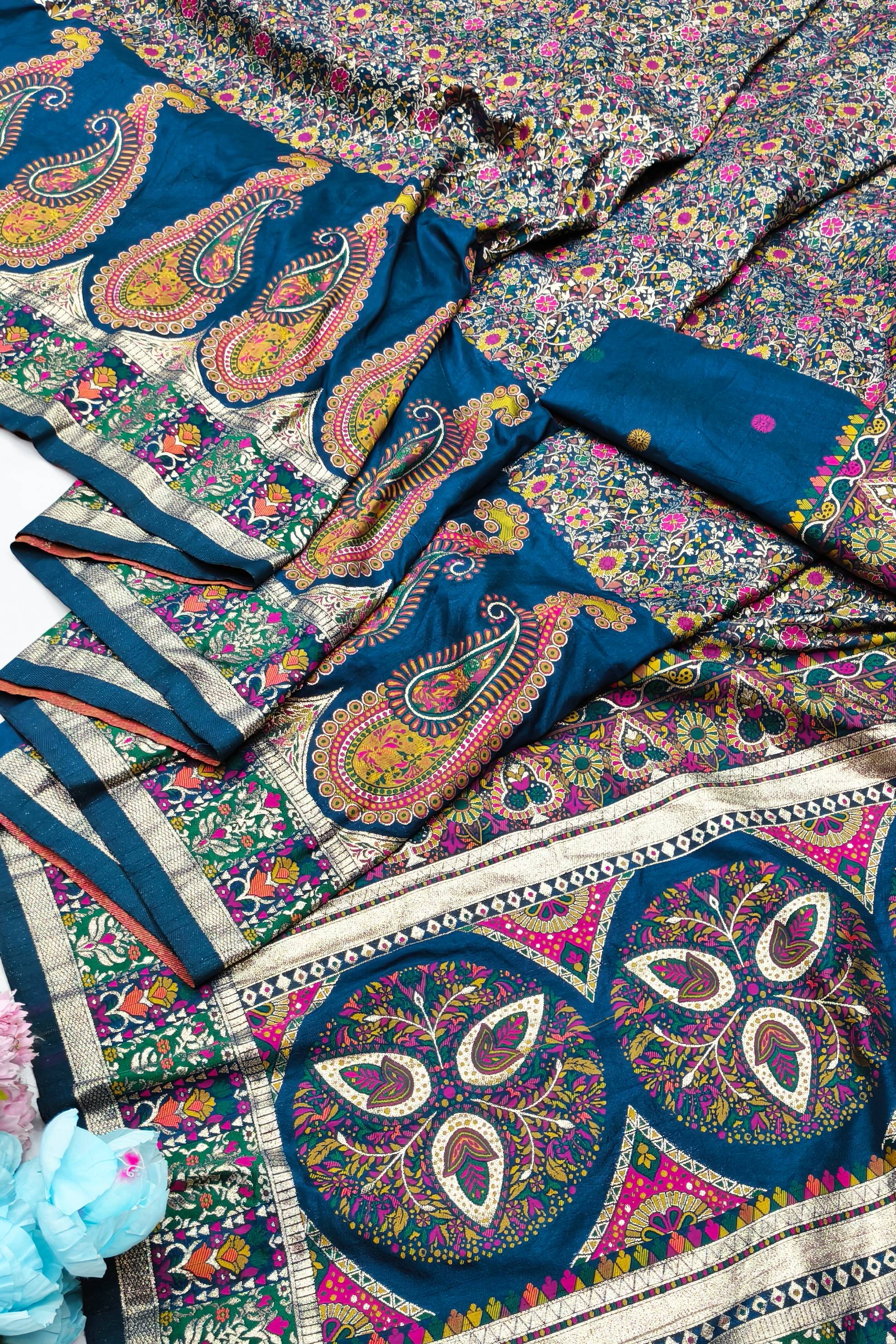 Flamboyant Blue Nylon Dola Pashmina Saree With Luxuriant Blouse Piece
