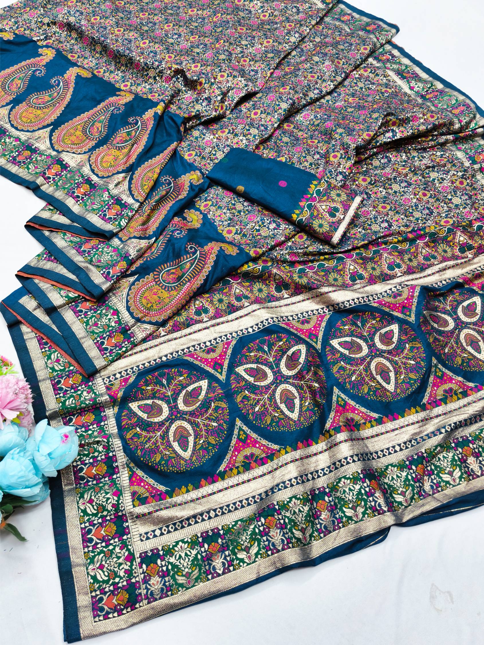 Flamboyant Blue Nylon Dola Pashmina Saree With Luxuriant Blouse Piece
