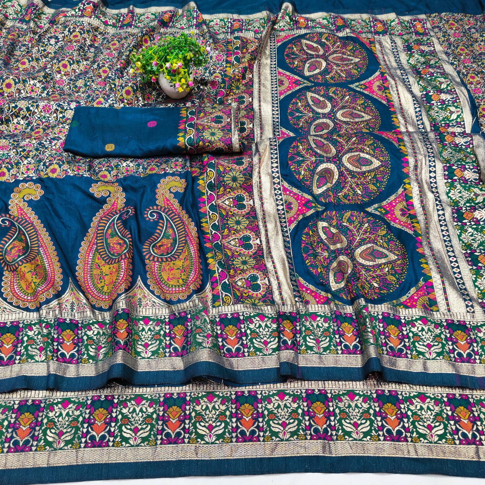 Flamboyant Blue Nylon Dola Pashmina Saree With Luxuriant Blouse Piece
