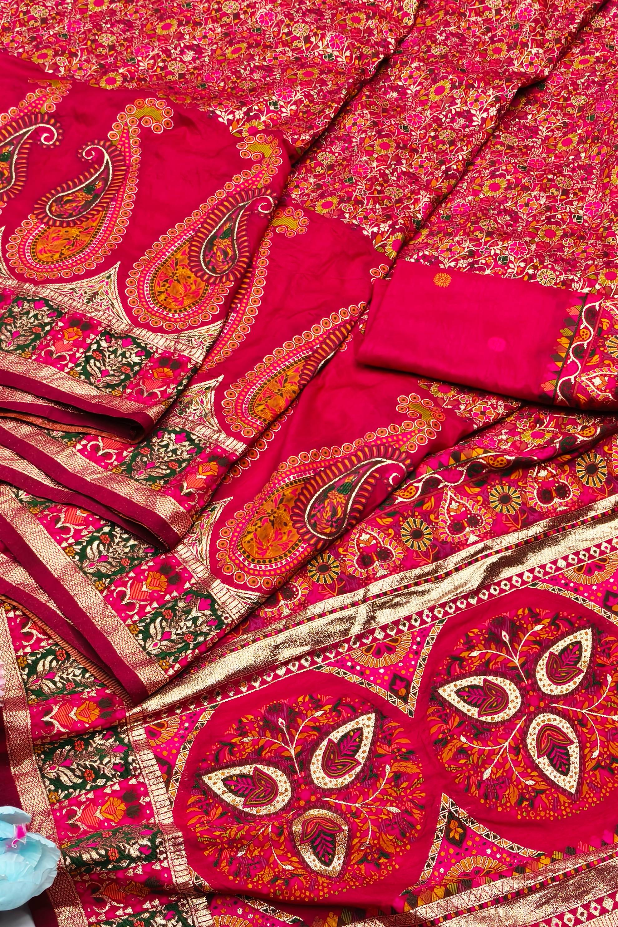 Evanescent Dark Pink Nylon Dola Pashmina Saree With Whimsical Blouse Piece