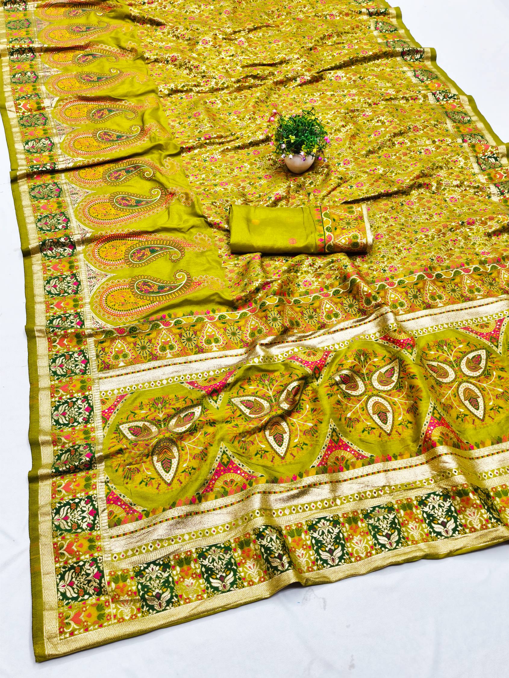 Super extravagant Mehandi Nylon Dola Pashmina Saree With Exquisite Blouse Piece