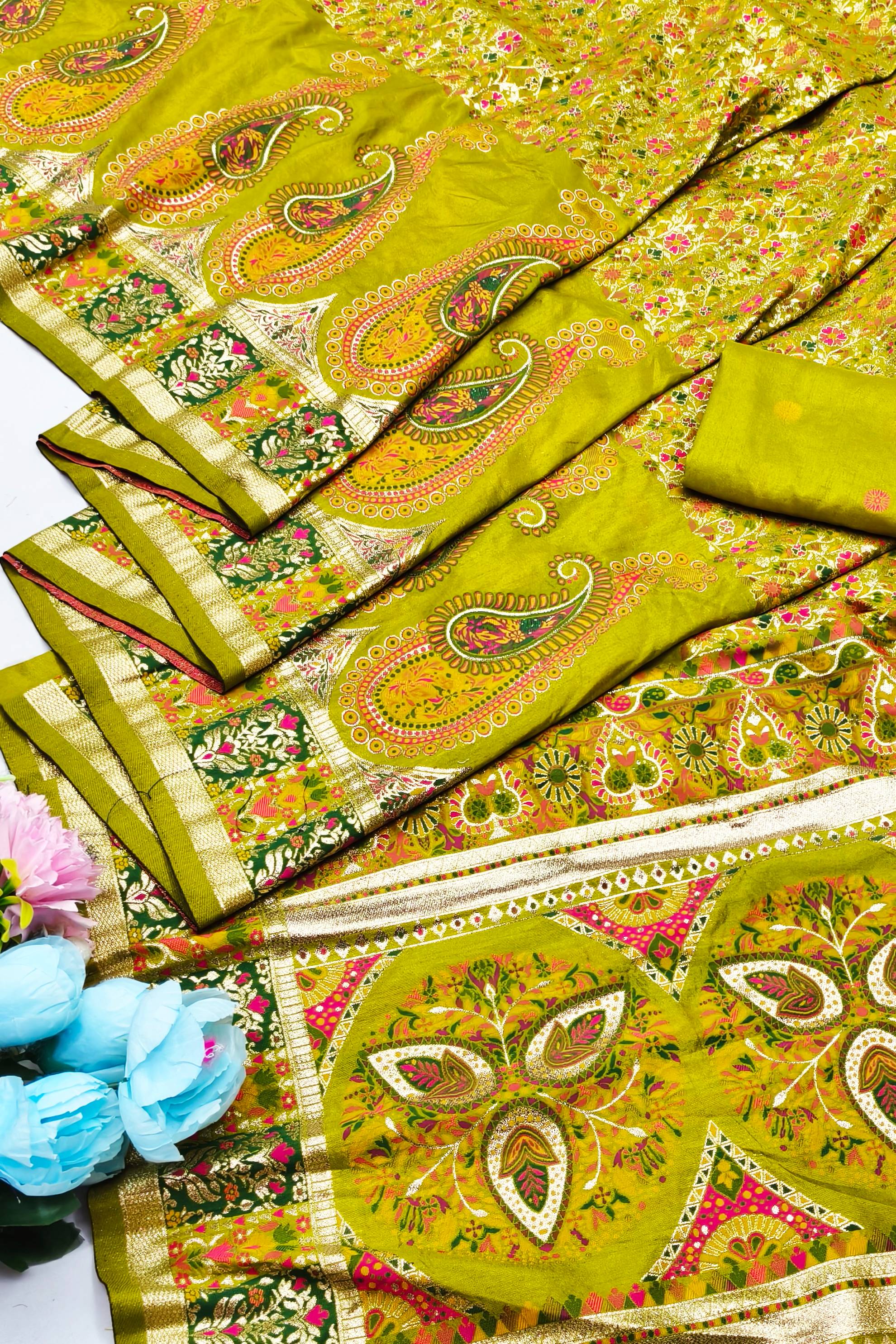 Super extravagant Mehandi Nylon Dola Pashmina Saree With Exquisite Blouse Piece