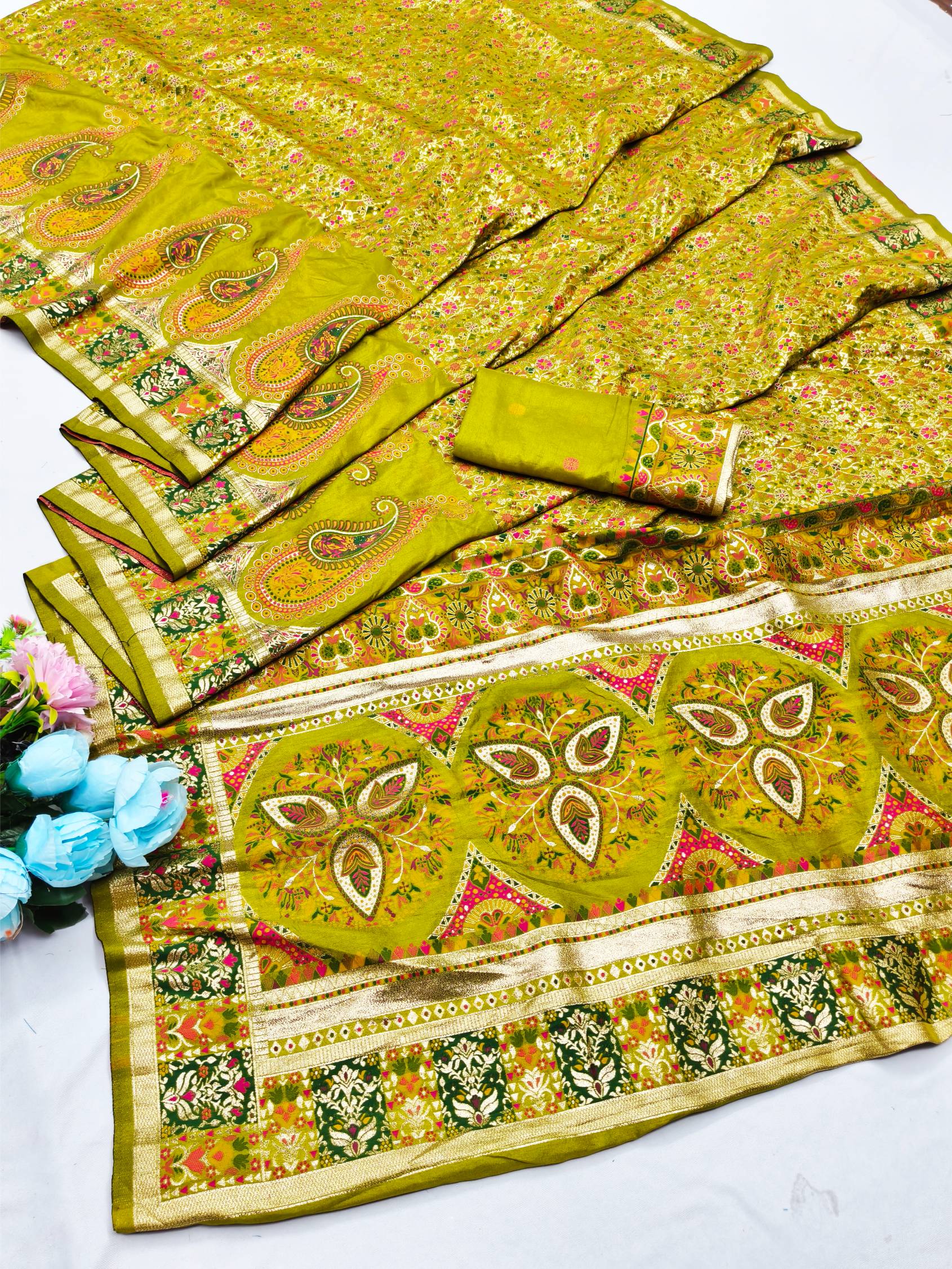 Super extravagant Mehandi Nylon Dola Pashmina Saree With Exquisite Blouse Piece